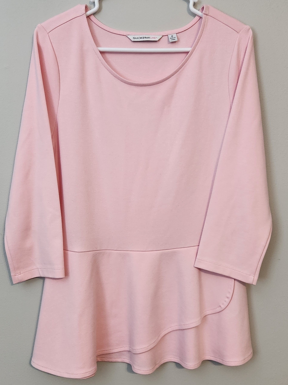 Pink Peplum Flounce Knit Top 3/4 Sleeve By Isaac Mizrah, Womens Size Medium